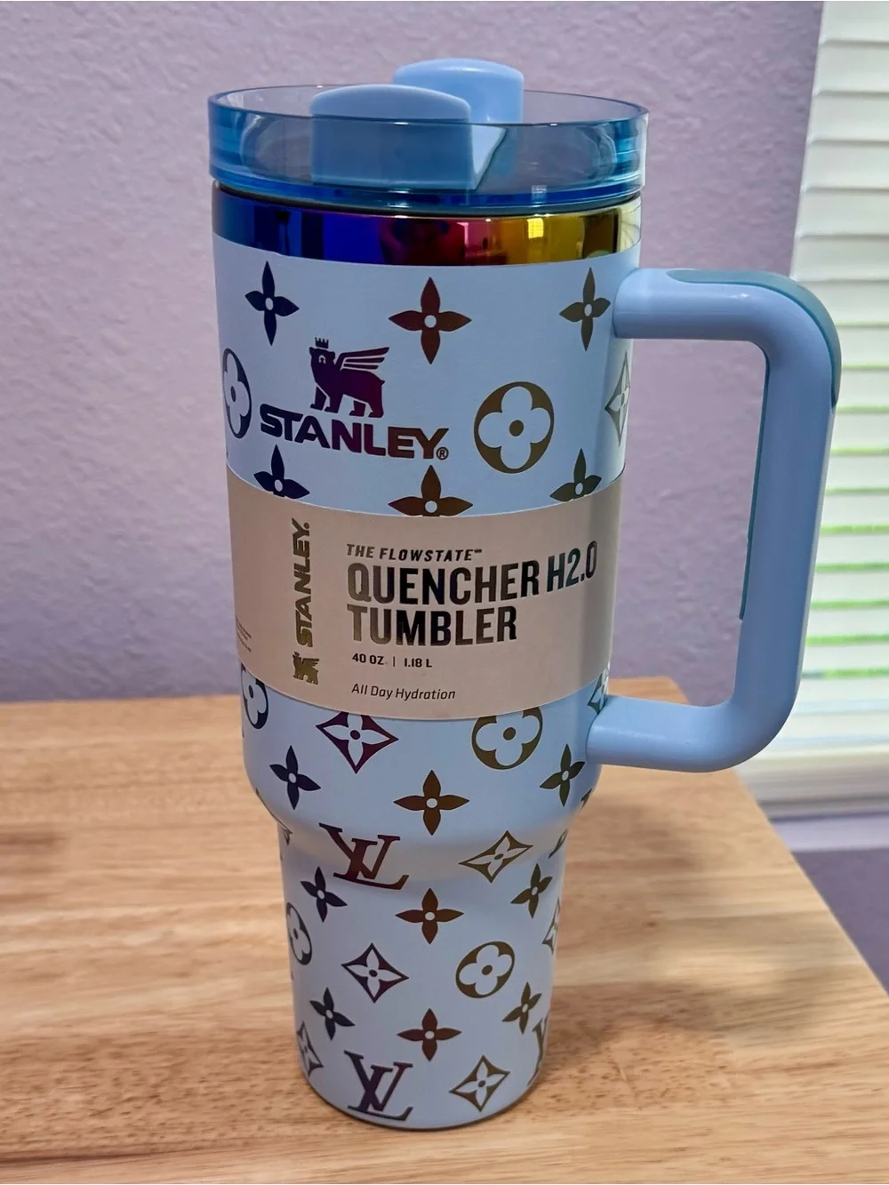 New Stanley Light Blue Tumbler with Multicolor Metallic Monogram - Picture 2 of 9